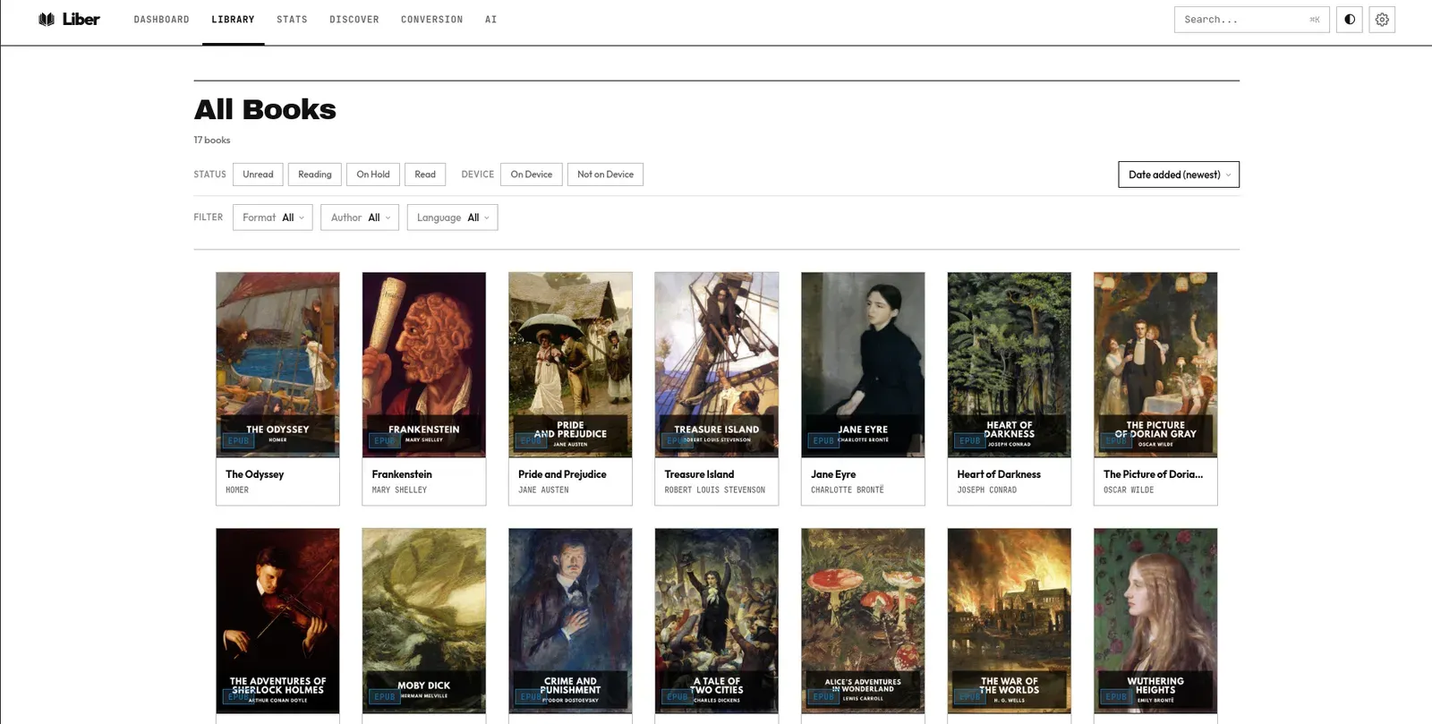 The Liber library: a grid of book covers with search and filters